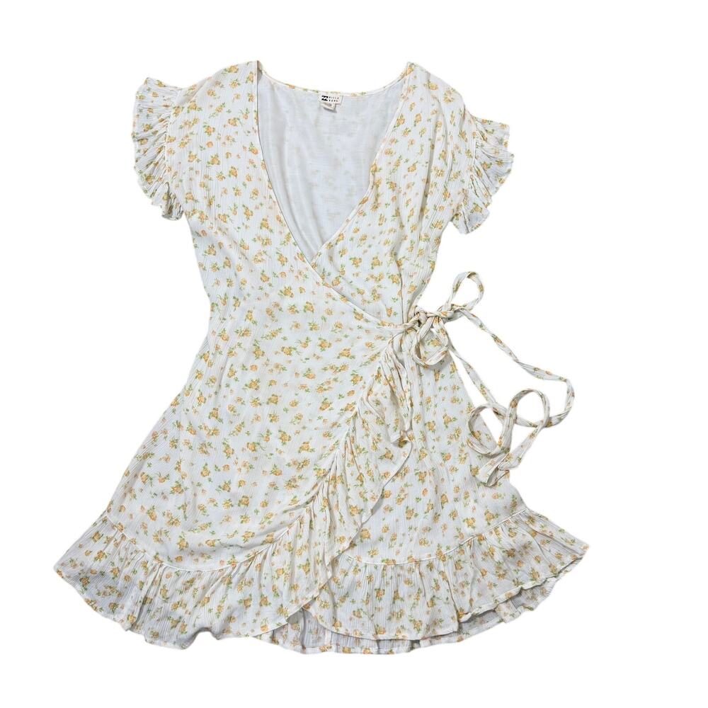 Billabong Floral Wrap Mini Dress Women's Small Cream Yellow Ruffle Boho Cottage